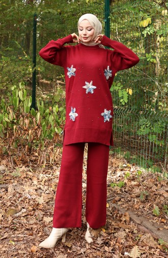 Triko Çiçek Detaylı Tunik Pantolon İkili Takım 1006-07 Bordo
