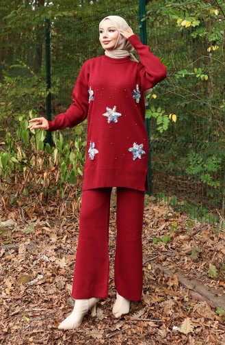 Triko Çiçek Detaylı Tunik Pantolon İkili Takım 1006-07 Bordo