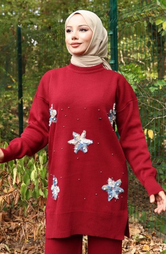 Triko Çiçek Detaylı Tunik Pantolon İkili Takım 1006-07 Bordo