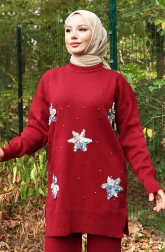 Triko Çiçek Detaylı Tunik Pantolon İkili Takım 1006-07 Bordo