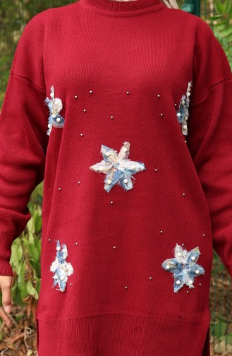 Triko Çiçek Detaylı Tunik Pantolon İkili Takım 1006-07 Bordo