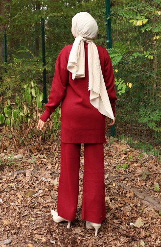 Triko Çiçek Detaylı Tunik Pantolon İkili Takım 1006-07 Bordo