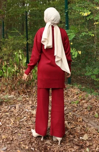 Triko Çiçek Detaylı Tunik Pantolon İkili Takım 1006-07 Bordo