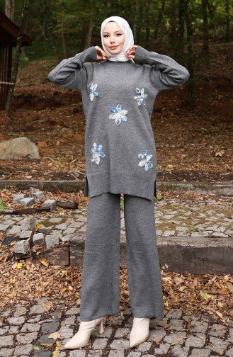 Ensemble Deux Pièces En Tricot Tunique Et Pantalon à Détails Floraux 1006-08 Gris 1006-08