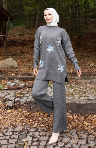 Ensemble Deux Pièces En Tricot Tunique Et Pantalon à Détails Floraux 1006-08 Gris 1006-08