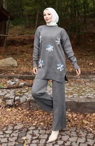 Gebreid Bloemenpatroon Tuniek Broek Tweedelig Pak 1006-08 Grijs 1006-08