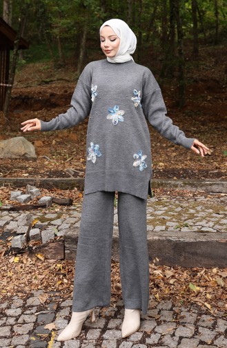 Ensemble Deux Pièces En Tricot Tunique Et Pantalon à Détails Floraux 1006-08 Gris 1006-08