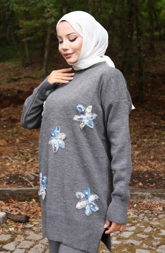 Ensemble Deux Pièces En Tricot Tunique Et Pantalon à Détails Floraux 1006-08 Gris 1006-08