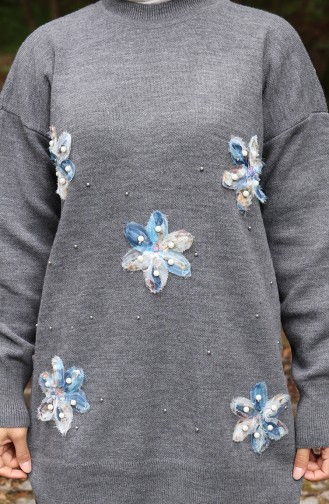 Ensemble Deux Pièces En Tricot Tunique Et Pantalon à Détails Floraux 1006-08 Gris 1006-08