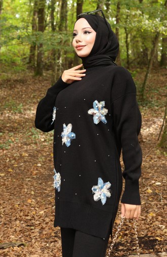 Triko Çiçek Detaylı Tunik Pantolon İkili Takım 1006-09 Siyah