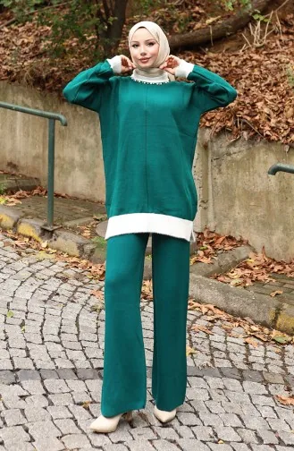 Knitwear Pearl Detailed Tunic Trousers Two Piece Set 1011-01 Petrol 1011-01