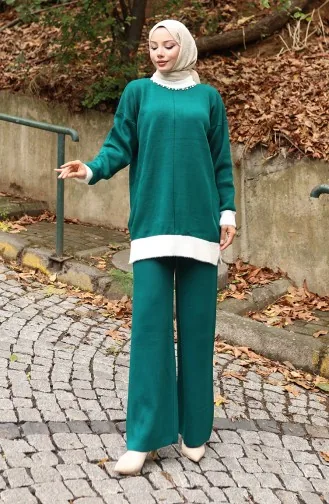 Knitwear Pearl Detailed Tunic Trousers Two Piece Set 1011-01 Petrol 1011-01