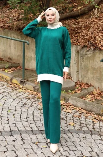 Knitwear Pearl Detailed Tunic Trousers Two Piece Set 1011-01 Petrol 1011-01