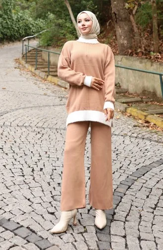 Breiwerk Parel Gedetailleerde Tuniek Broek Tweedelig Pak 1011-02 Melk Koffie 1011-02