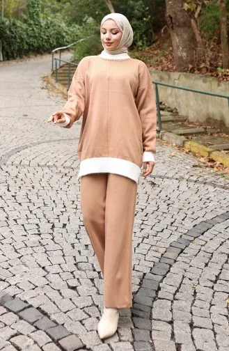 Breiwerk Parel Gedetailleerde Tuniek Broek Tweedelig Pak 1011-02 Melk Koffie 1011-02