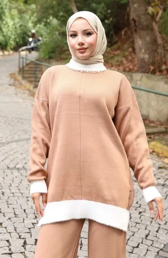 Breiwerk Parel Gedetailleerde Tuniek Broek Tweedelig Pak 1011-02 Melk Koffie 1011-02