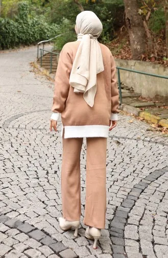 Breiwerk Parel Gedetailleerde Tuniek Broek Tweedelig Pak 1011-02 Melk Koffie 1011-02