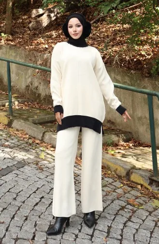 Gebreid Parelmoer Gedetailleerd Tuniek Broek Tweedelig Pak 1011-03 Beige 1011-03