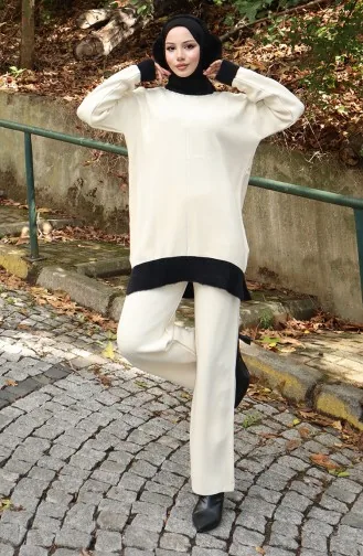 Gebreid Parelmoer Gedetailleerd Tuniek Broek Tweedelig Pak 1011-03 Beige 1011-03