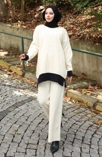Gebreid Parelmoer Gedetailleerd Tuniek Broek Tweedelig Pak 1011-03 Beige 1011-03