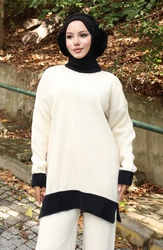 Gebreid Parelmoer Gedetailleerd Tuniek Broek Tweedelig Pak 1011-03 Beige 1011-03