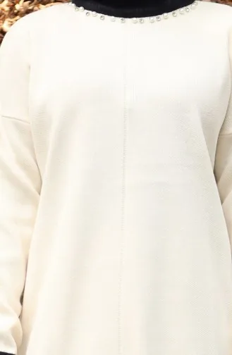 Gebreid Parelmoer Gedetailleerd Tuniek Broek Tweedelig Pak 1011-03 Beige 1011-03