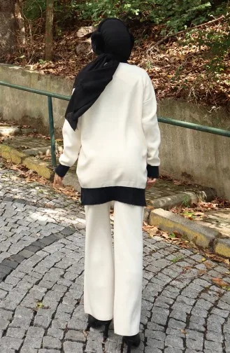 Gebreid Parelmoer Gedetailleerd Tuniek Broek Tweedelig Pak 1011-03 Beige 1011-03