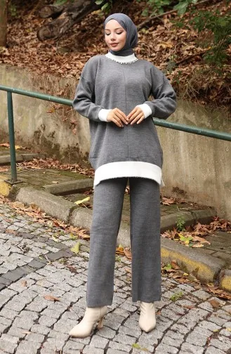 Triko İnci Detaylı Tunik Pantolon İkili Takım 1011-05 Gri