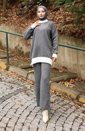 Triko İnci Detaylı Tunik Pantolon İkili Takım 1011-05 Gri