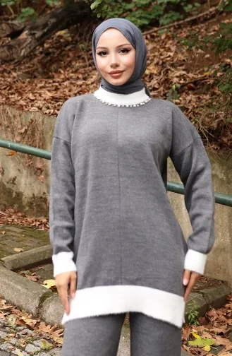 Triko İnci Detaylı Tunik Pantolon İkili Takım 1011-05 Gri