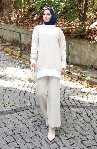 Gebreide Parel Gedetailleerde Tuniek Broek Tweedelig Set 1011-06 Steen 1011-06