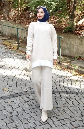 Knitwear Pearl Detailed Tunic Trousers Two Piece Set 1011-06 Stone 1011-06