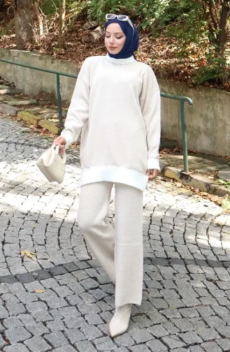 Knitwear Pearl Detailed Tunic Trousers Two Piece Set 1011-06 Stone 1011-06