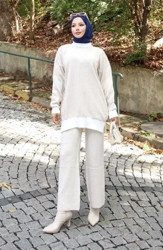 Knitwear Pearl Detailed Tunic Trousers Two Piece Set 1011-06 Stone 1011-06