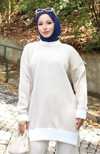 Knitwear Pearl Detailed Tunic Trousers Two Piece Set 1011-06 Stone 1011-06