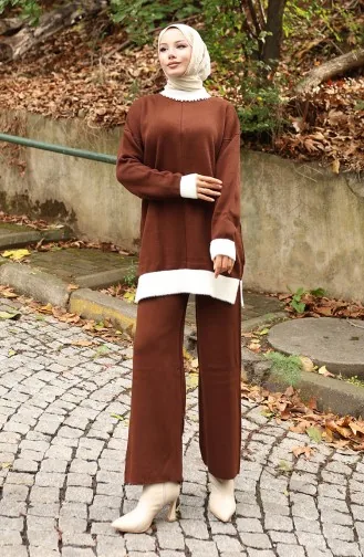 Knitwear Pearl Detailed Tunic Trousers Two Piece Suit 1011-07 Brown 1011-07