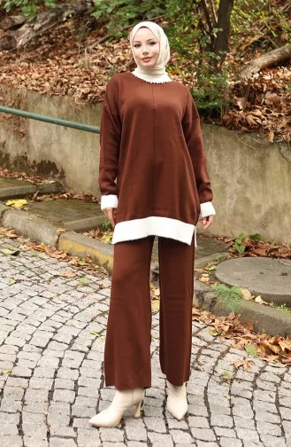 Knitwear Pearl Detailed Tunic Trousers Two Piece Suit 1011-07 Brown 1011-07
