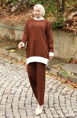 Knitwear Pearl Detailed Tunic Trousers Two Piece Suit 1011-07 Brown 1011-07