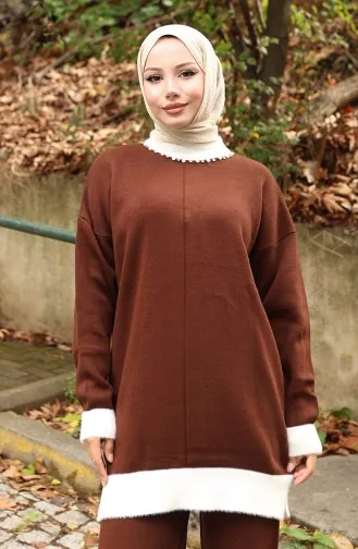 Knitwear Pearl Detailed Tunic Trousers Two Piece Suit 1011-07 Brown 1011-07