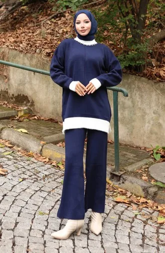 Gebreid Parelmoer Gedetailleerd Tuniek Broek Tweedelig Pak 1011-08 Marineblauw 1011-08