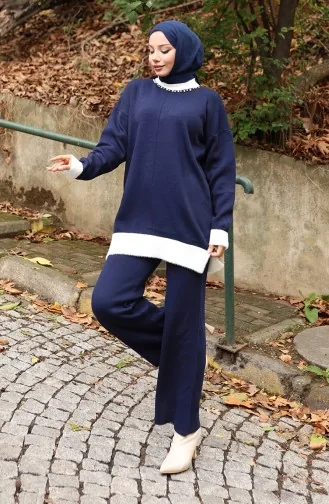 Gebreid Parelmoer Gedetailleerd Tuniek Broek Tweedelig Pak 1011-08 Marineblauw 1011-08