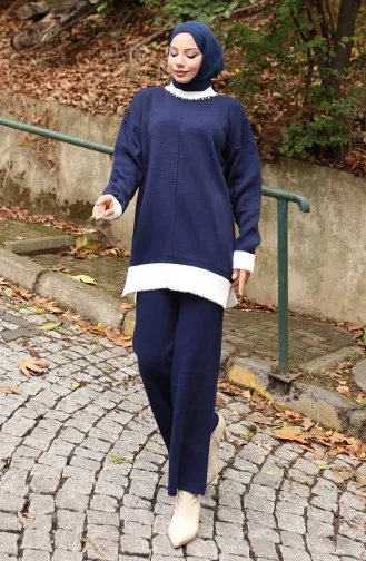 Gebreid Parelmoer Gedetailleerd Tuniek Broek Tweedelig Pak 1011-08 Marineblauw 1011-08