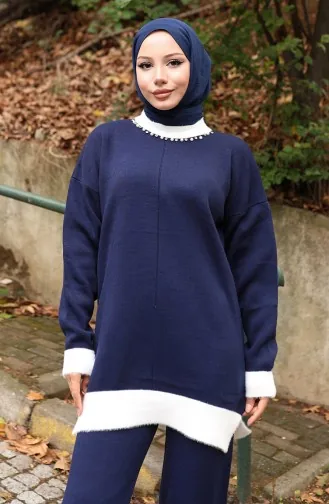 Gebreid Parelmoer Gedetailleerd Tuniek Broek Tweedelig Pak 1011-08 Marineblauw 1011-08