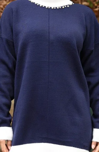 Gebreid Parelmoer Gedetailleerd Tuniek Broek Tweedelig Pak 1011-08 Marineblauw 1011-08