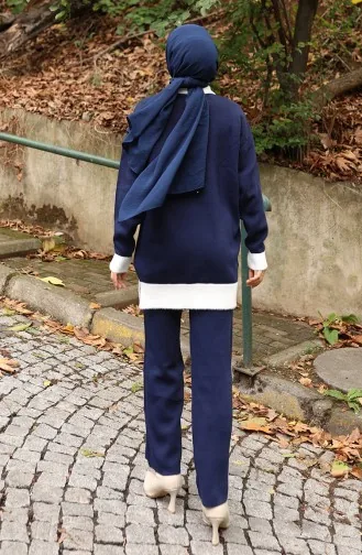 Gebreid Parelmoer Gedetailleerd Tuniek Broek Tweedelig Pak 1011-08 Marineblauw 1011-08
