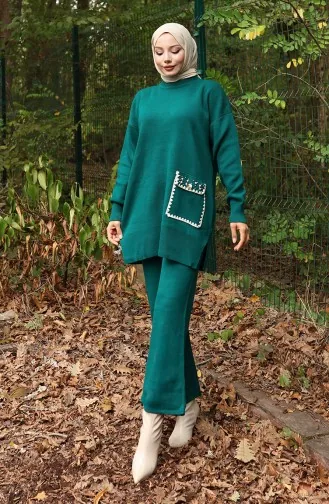 Knitwear Pearl Detailed Tunic Trousers Two Piece Set 1025-01 Petrol 1025-01