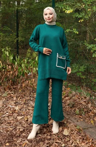 Knitwear Pearl Detailed Tunic Trousers Two Piece Set 1025-01 Petrol 1025-01
