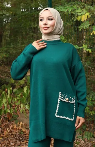 Knitwear Pearl Detailed Tunic Trousers Two Piece Set 1025-01 Petrol 1025-01