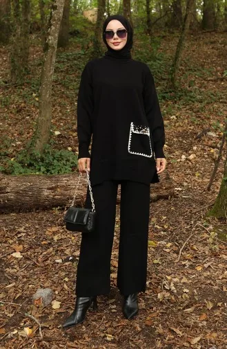 Gebreide Parelmoeren Tuniekbroek Tweedelig Set 1025-02 Zwart 1025-02