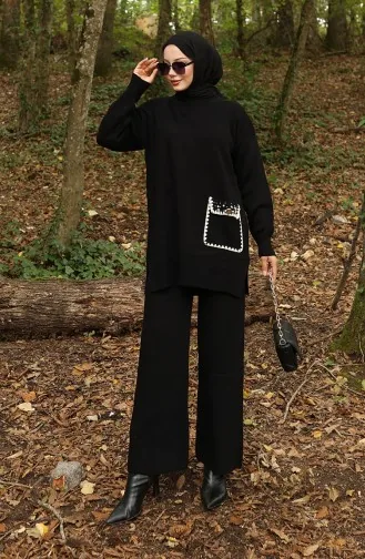 Gebreide Parelmoeren Tuniekbroek Tweedelig Set 1025-02 Zwart 1025-02